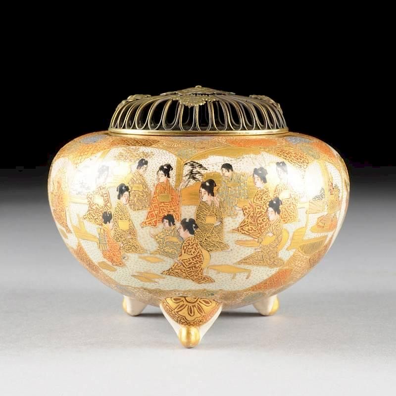 Appraisal: AN ELABORATELY DETAILED SATSUMA TRIPOD CENSER SIGNED MEIJI PERIOD -