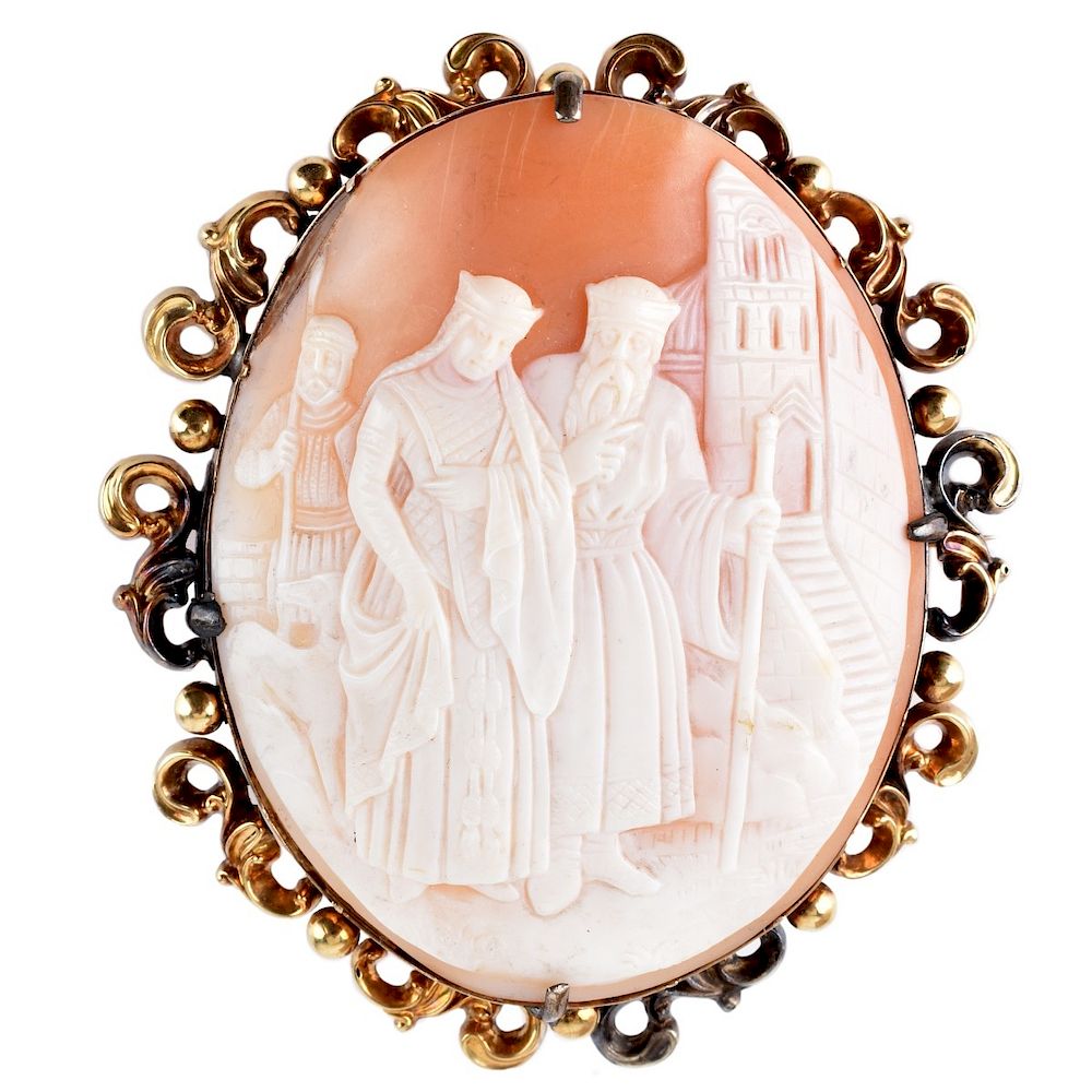 Appraisal: Antique Cameo Brooch Large Antique Carved Shell Cameo and Karat