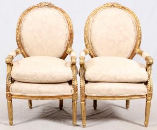 Appraisal: FRENCH STYLE LOUIS XVI GILT WOOD ARMCHAIRS PAIR FRENCH STYLE