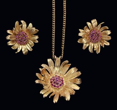 Appraisal: Gold ruby floral earrings pendant kt yellow gold floral design