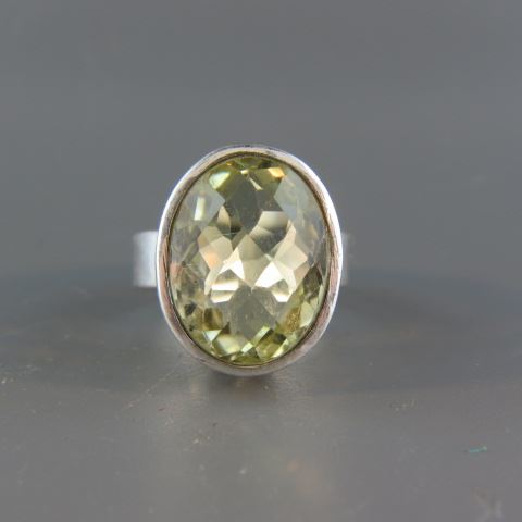 Appraisal: Green Quartz Ring fancy checkerboard cut oval gem in openwork