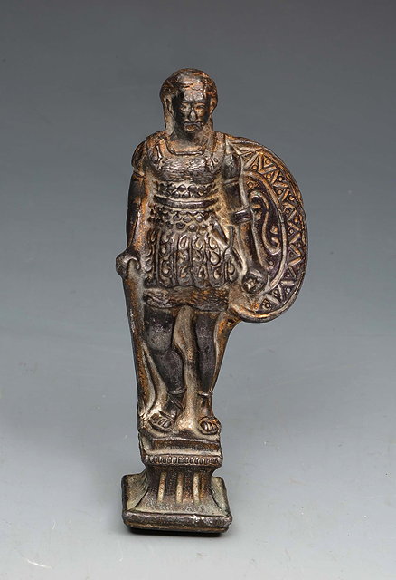 Appraisal: AN ANTIQUE SILVERED BRONZE MODEL of a Pictish Warrior with