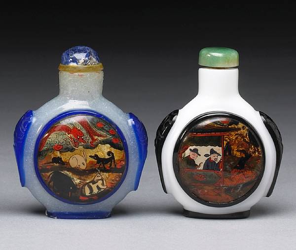 Appraisal: Two Peking glass snuff bottles with applied painted panels Both