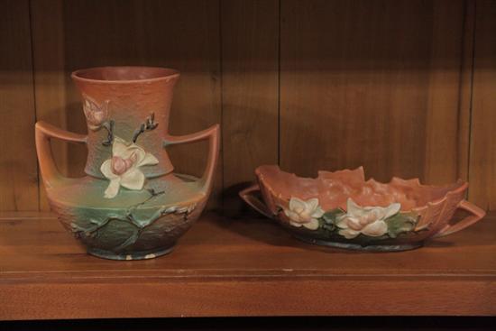 Appraisal: TWO PIECES OF ROSEVILLE POTTERY Both in Magnolia pattern A