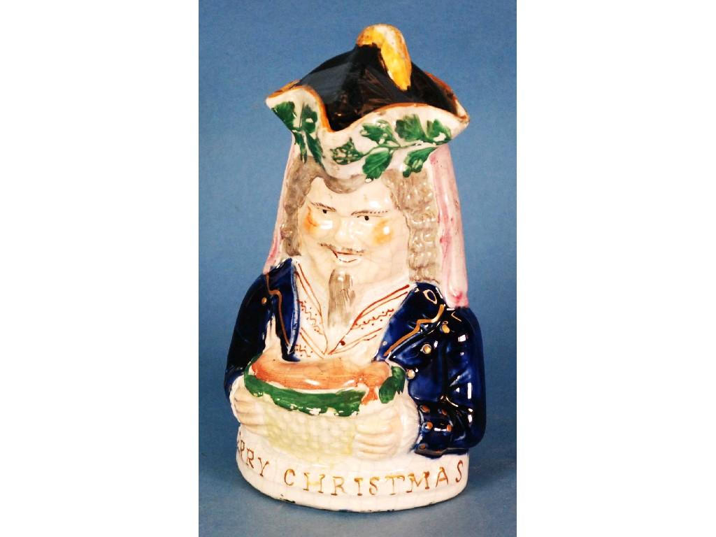 Appraisal: UNUSUAL VICTORIAN STAFFORDSHIRE POTTERY CHARACTER JUG IN THE FORM OF