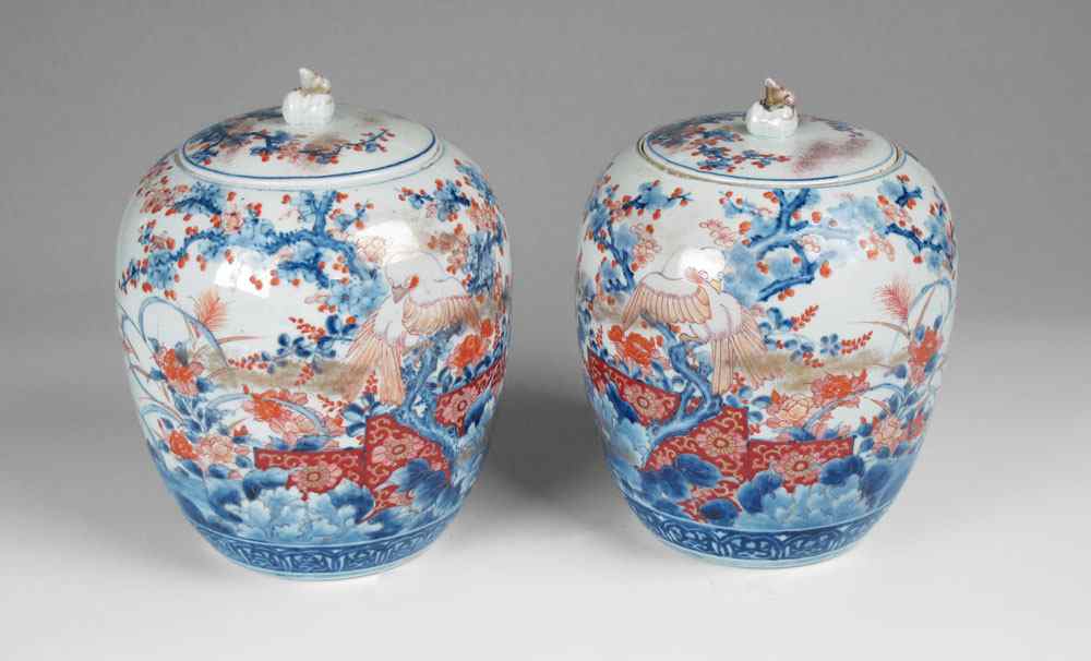 Appraisal: PAIR th C IMARI COVERED JARS Traditional cobalt and iron