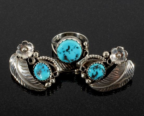 Appraisal: Navajo Silver Turquoise Floral Earrings Ring For sale in this