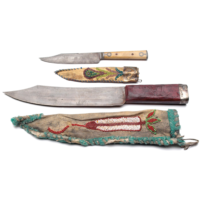 Appraisal: Native American knives and sheaths two sinew sewn skin with