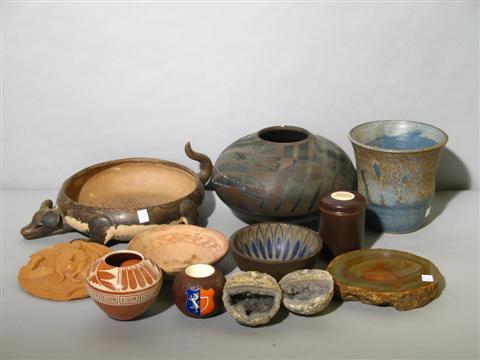 Appraisal: ECLECTIC GROUP OF POTTERY AND MINERALS Comprising a black Native