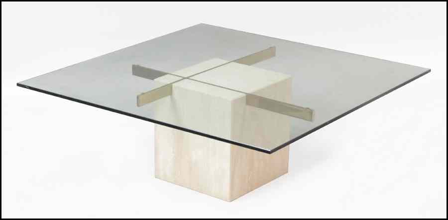 Appraisal: GLASS TOP COCKTAIL TABLE Raised on a marble and brass