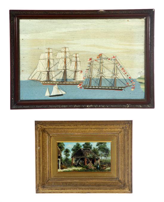 Appraisal: THREE PIECES European Needlework of English ships Signed and dated