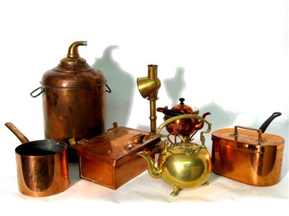 Appraisal: Collection of copper and brass tableware Includes two rectangular cookers