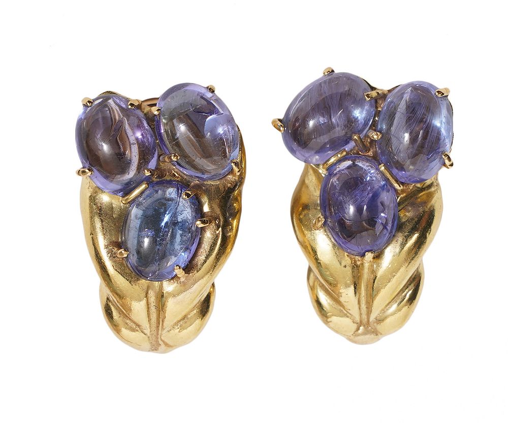 Appraisal: K YG Blue Sapphire Omega Clip Earrings Earrings are K