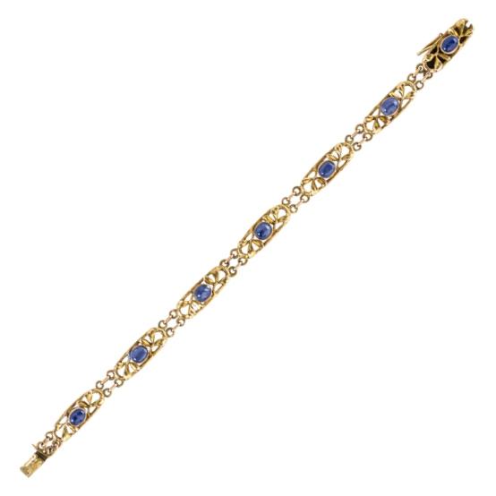 Appraisal: ART NOUVEAU SAPPHIRE K GOLD LINK BRACELET Cast foliate oval