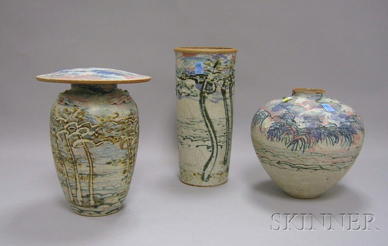 Appraisal: Two Modern Glazed Art Pottery Vases and a Covered Jar