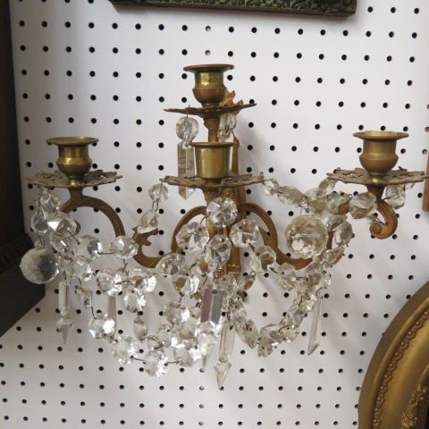 Appraisal: Brass Crystal Wall Sconce four light swags balls teardrops x