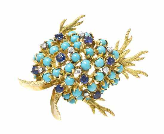 Appraisal: A Vintage Karat Yellow Gold Diamond Sapphire and Turquoise Fish