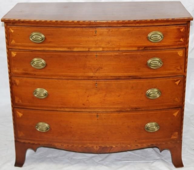 Appraisal: EARLY TH C AMERICAN CHERRY INLAID BOW-FRONTCHEST WITH FRENCH FEET