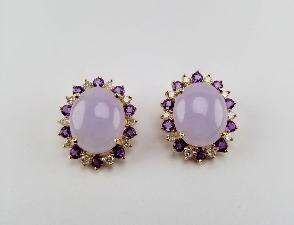 Appraisal: Lavender Jade Amethyst Diamond K Earrings Pair of Cabochon Lavender