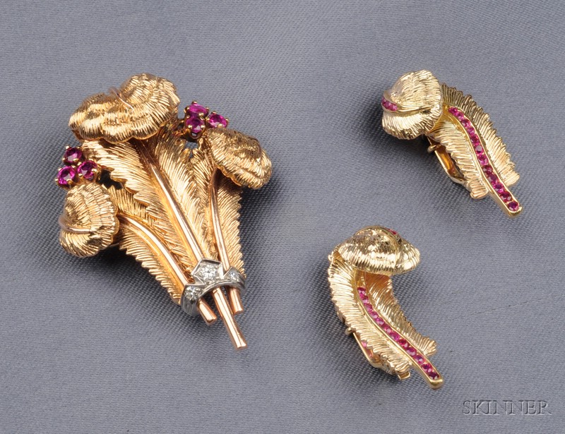 Appraisal: kt Gold Diamond and Ruby Brooch and Earclips Tiffany Co