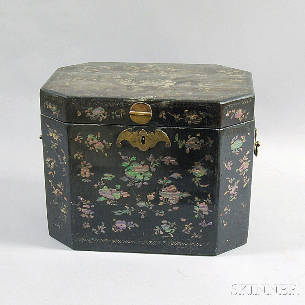 Appraisal: Lacquered Mother-of-pearl-inlaid Travel Box th century the octagonal box opening