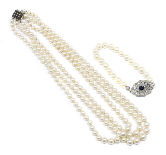 Appraisal: A LOT OF PEARL SAPPHIRE AND DIAMOND NECKLACE AND BRACELET