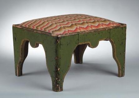 Appraisal: FOLK ART GREEN AND YELLOW PAINTED STOOL WITH FLAMESTITCH SEAT