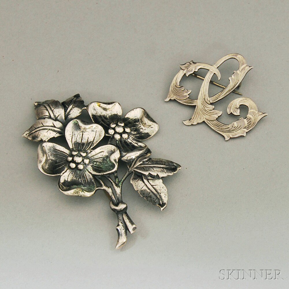 Appraisal: Two Sterling Silver Brooches a Mexican foliate brooch and a