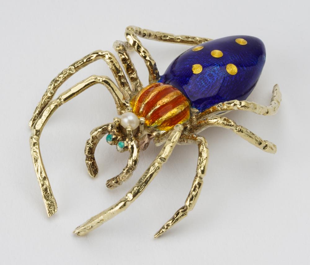 Appraisal: KARAT YELLOW GOLD ENAMEL SPIDER BROOCHdecorated with blue gold orange