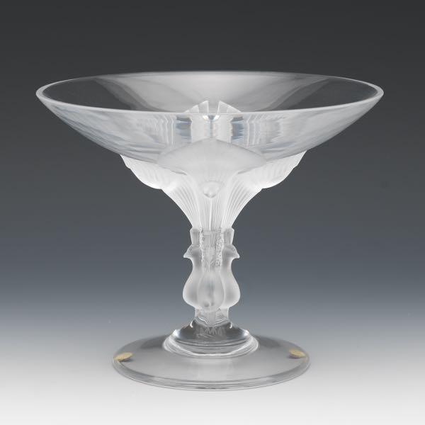 Appraisal: LALIQUE VIRGINIA PEACOCK VASE COMPOTE x Glass compote with round