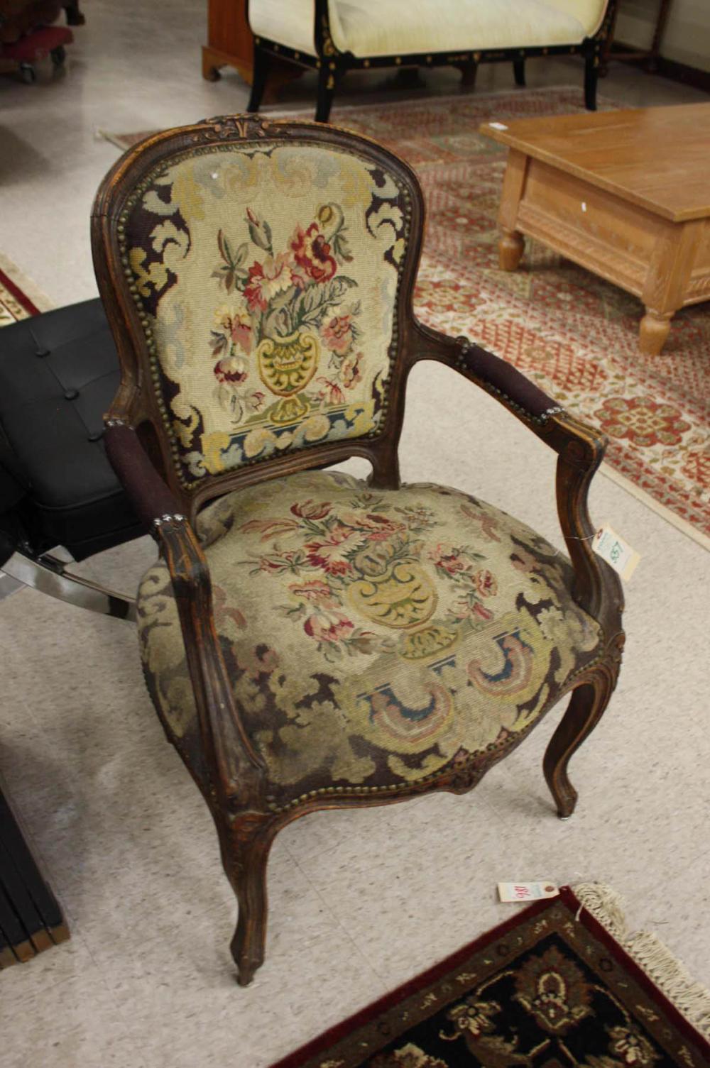 Appraisal: LOUIS XV STYLE NEEDLEPOINT FAUTEUIL French early th century having