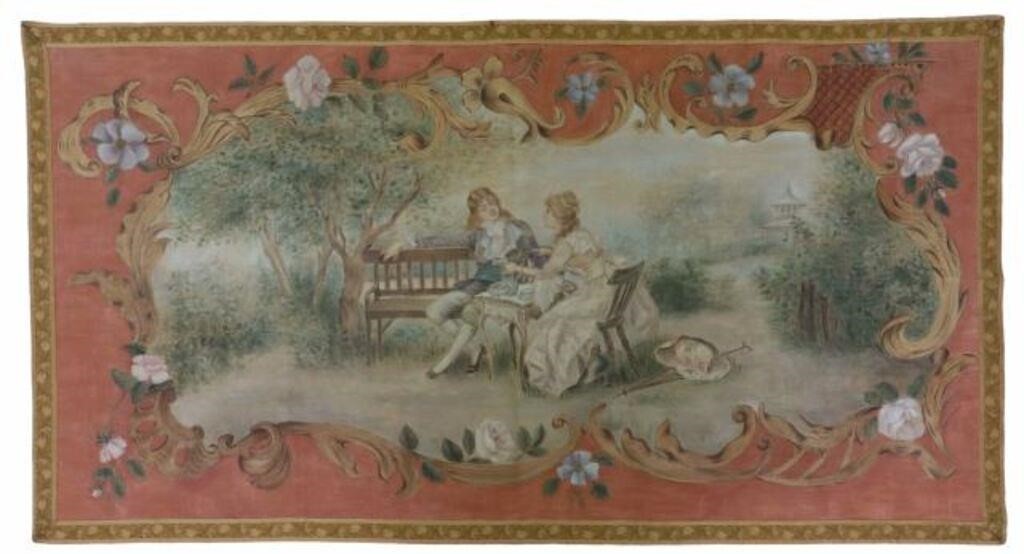 Appraisal: Continental painted wall tapestry late th c Rococo style scene