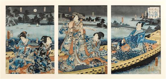 Appraisal: TOYOHARA KUNICHIKA - ban triptych Night boat ride with a