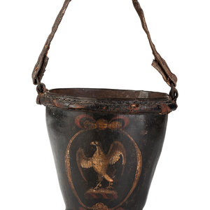 Appraisal: An English Leather Eagle-Decorated Fire Bucket th Century Height inches