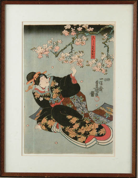 Appraisal: ANTIQUE JAPANESE WOODBLOCK PRINT Depicts Geisha girl under flowering tree