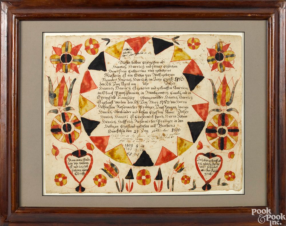 Appraisal: Martin Brechall ink and watercolor fraktur Martin Brechall Southeastern Pennsylvania