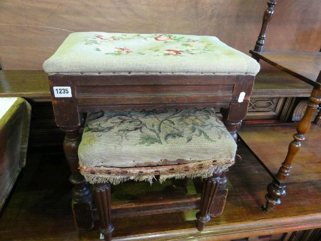 Appraisal: An old English style oak stool with floral tapestry seat