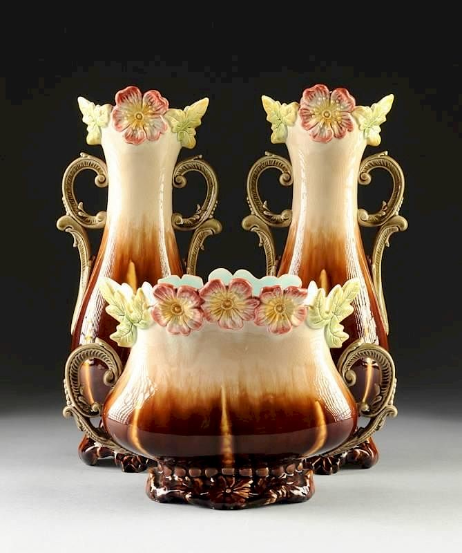 Appraisal: A THREE PIECE CONTINENTAL ART NOUVEAU MAJOLICA GARNITURE CIRCA A