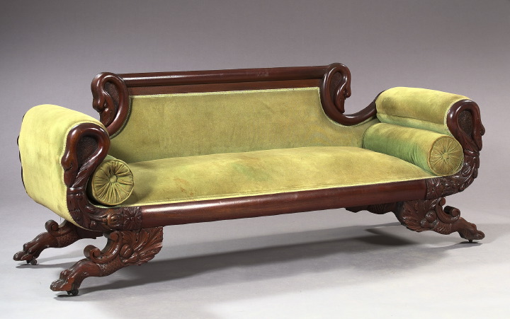 Appraisal: American Late Classical-Style Mahogany Sofa with Swan Heads late th