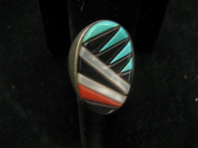 Appraisal: Indian Silver Ring turquoise coral onyx and abalone design