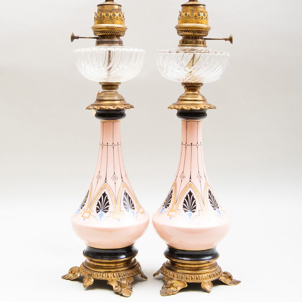 Appraisal: Pair of French Painted Opaline Glass Oil Lamps Fitted as