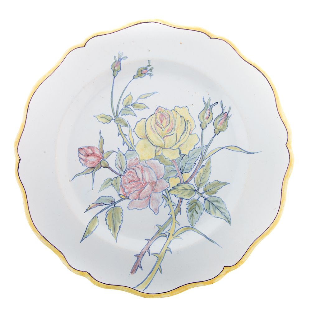 Appraisal: Porquier Beau Quimper Botanical Rose Plate circa scalloped edge with