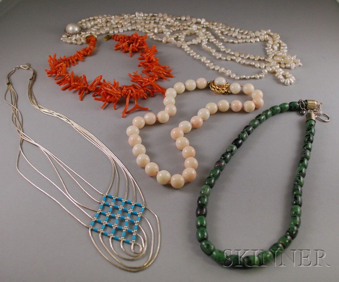 Appraisal: Group of Beaded Hardstone and Freshwater Pearl Necklaces including angelskin