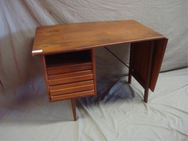 Appraisal: Danish Modern Midcentury desk w drop leaf brass stretcher Left