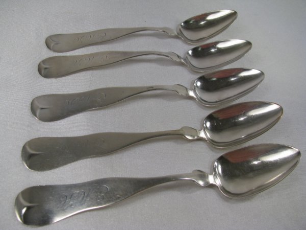 Appraisal: Five coin silver teaspoons stamped E Newbury Each with monogram