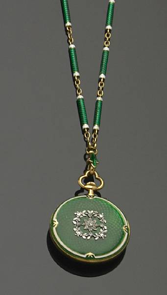 Appraisal: An enamel diamond and k gold pendant watch with chain