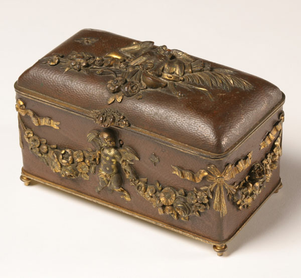 Appraisal: Hammered copper casket brass footed box with applied gilt metal