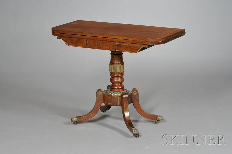 Appraisal: Regency Brass Inlaid and Mounted Rosewood Game Table with leather