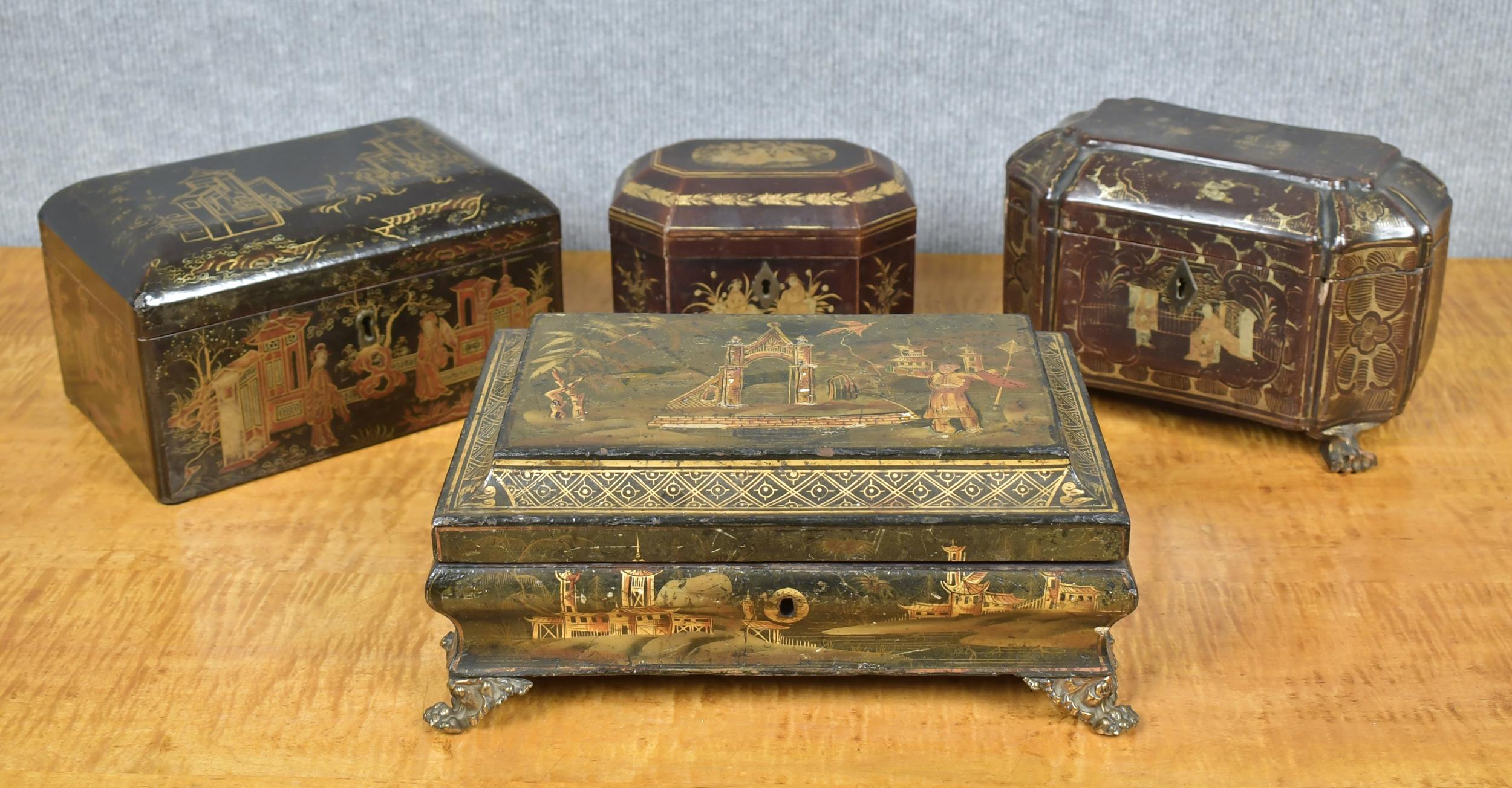 Appraisal: FOUR EARLY TH C CHINOISERIE BOXES A large rectangular shaped