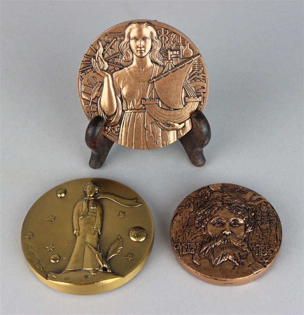 Appraisal: THREE COMMEMORATIVE MEDALS one bronze medal with French iconography marked